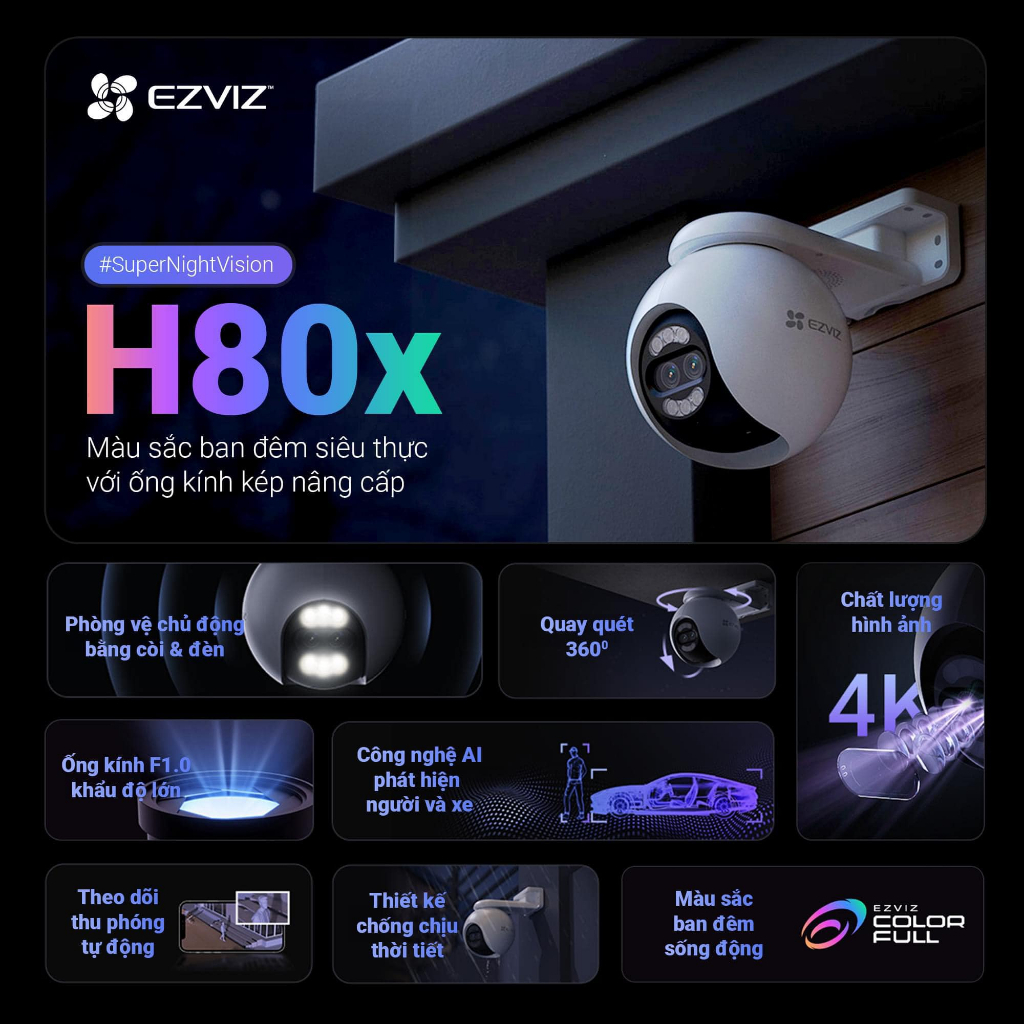 Camera WiFi quay quét EZVIZ H80x Dual 4K 10MP ống kính kép siêu nét, có màu ban đêm chính hãng