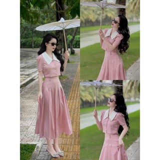 SET VÁY CÔNG SỞ THỜI TRANG NỮ MẶC ĐI TIỆC CHẤT TUYẾT MƯA ÁO CROTOP CỔ SƠ MI PHỐI CHÂN VÁY XẾP LY DÀI