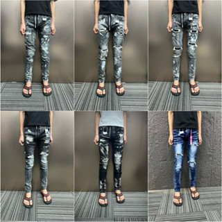 Quần Jean Nam DSQ2 xanh vẩy sơn 4cúc loang rách nhẹ dành cho nam