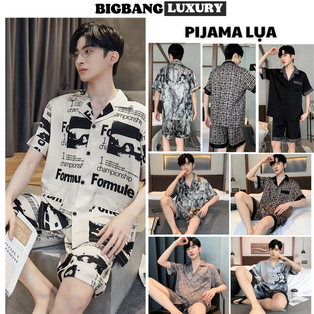 Bộ đồ ngủ Pijama lụa satin Nam mặc nhà Bigbang Luxury áo cộc quần cộc mát mẻ họa tiết Modern Geometric