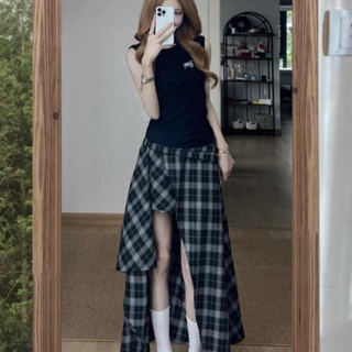 SẴN M- Chân váy kẻ caro dáng dài xẻ tà khoe chân cá tính phong cách Hàn Quốc