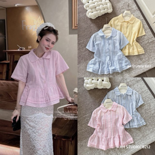 Áo sơ mi dáng babydoll kẻ sọc cổ sen tay ngắn xếp ly dáng xoè nhẹ tiểu thư A8212