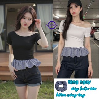  Áo baby tee trễ vai lệch gấu bèo kẻ caro ôm body tôn dáng mặc hè ozenka  áo thun cộc tay Cotton mát mịn dễ mặc 