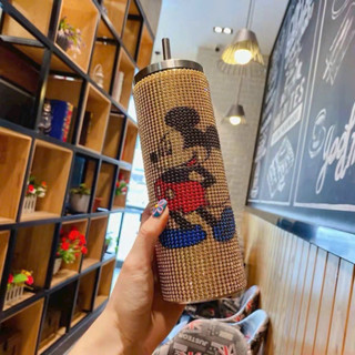 Ly cốc giữ nhiệt đính đá sang trọng chất liệu INOX304 nhiệt dung tích 610ML kèm ống hút inox