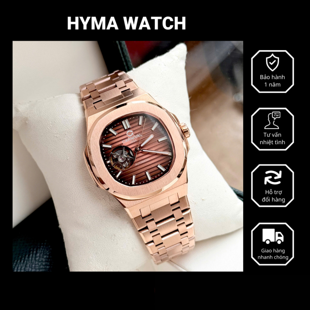Đồng hồ Nam Carnival 8128G Dây thép máy cơ kính sapphire Bảo hành 5 năm Hyma Watch