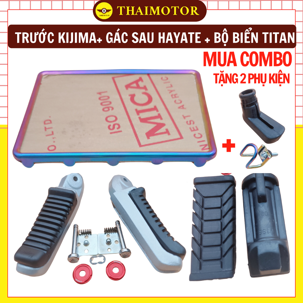 Combo Cao Su Trước Kijima + Gác Chân Sau Nhôm Cao Su Hayate + Khung Biển Số Xe Máy Titan 7 Màu + Móc