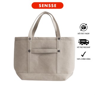 Túi Tote 2 Mặt Vải Canvas Wash Sensse Cỡ Lớn Đứng Form Có Khóa Kéo Màu Dark Grey /Beige - CRUISE BAG