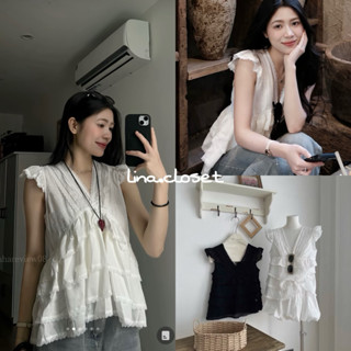 Áo sơ mi BabyDoll sát nách Tay Cánh Tiên cổ V bèo tầng phối ren thắt nơ lưng A785