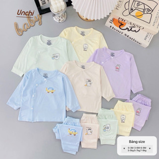 Bộ dài tay sơ sinh cho bé trai bé gái cài chéo Unchi vải petit mềm mại [3-9kg] UCD02