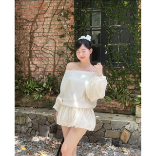 Đầm trễ vai dáng bí đính hoa bo thun eo kem xanh xám đen trắng Mixiz House