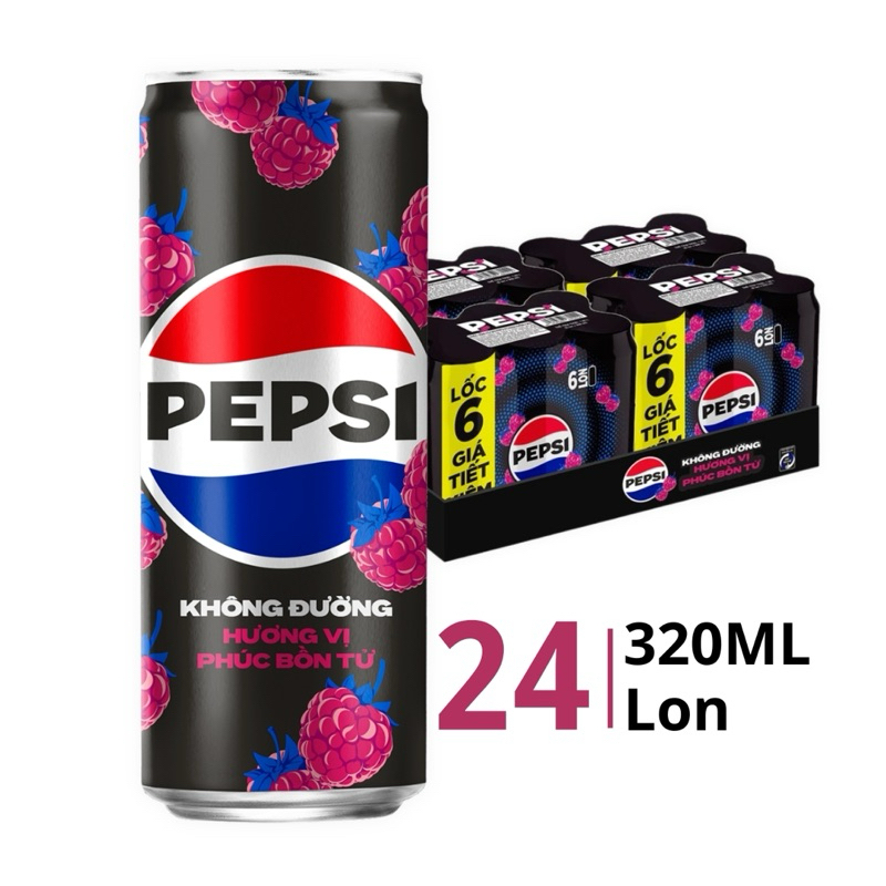 Thùng 24 Lon Nước Ngọt Có Gaz Pepsi Phúc Bồn Tử Không Calo (320ml/lon)
