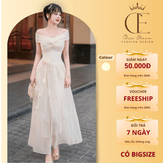 Váy Dạ Hội Xòe Dài Trễ Vai Phối Ren Đính Hoa Eo Chic Eleno H180 Đầm Tiệc Nữ Tính Quyến Rũ