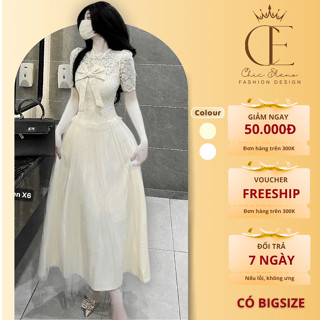 Váy Dạ Hội Xòe Dài Phối Ren Cổ Bèo Đính Nơ Ngực Chic Eleno H181 Đầm Tiệc Nữ Tính Thanh Lịch