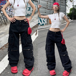 QUẦN JEAN 2ZIP- Cargo Jeans - Quần jeans túi hộp phối Zip màu Xám đen form Ôm Unisex nam nữ