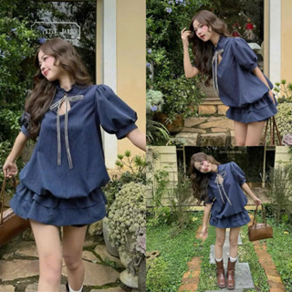 Set Váy Cổ Tàu Kẻ Buộc Nơ Dáng Bí Tay Bồng Kèm Quần Rời Siêu Xinh MS89