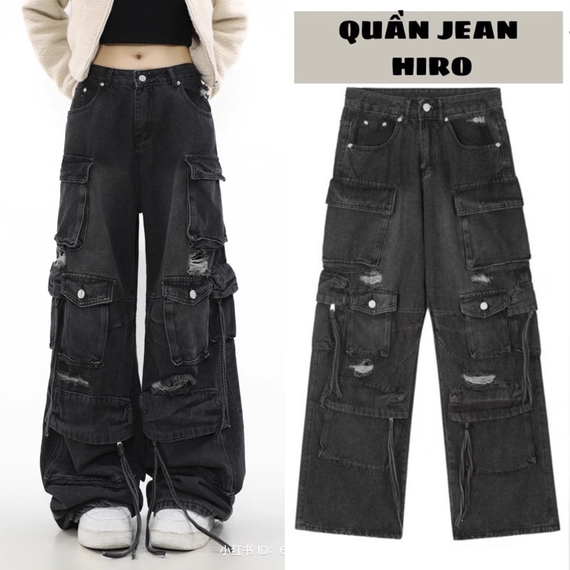 Quần Cargo Jeans ống rộng HIRO phối Rách phong cách Y2K màu XÁM ĐEN/TRẮNG 🖤 Quần bò ống rộng túi hộp