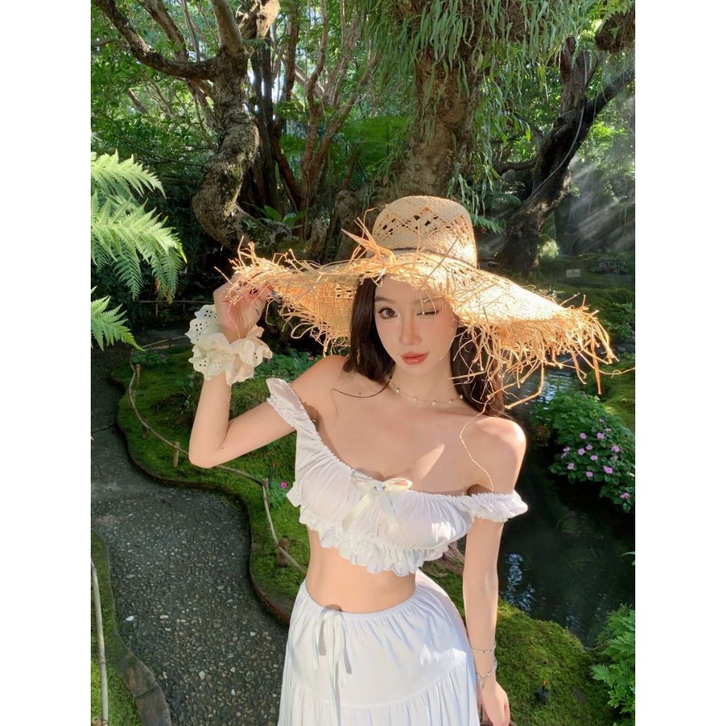 (Có Mút Ngực) Set Áo Croptop Trễ Vai Đính Nơ Ngực Mix Chân Váy Xòe Viền Ren Phù Hợp Đi Biển, Du Lịch | BigBuy360 - bigbuy360.vn