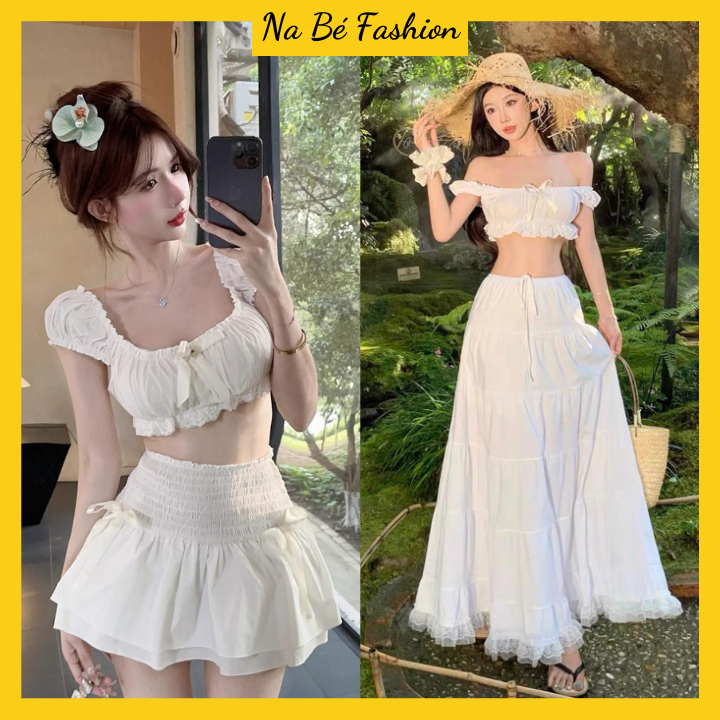 (Có Mút Ngực) Set Áo Croptop Trễ Vai Đính Nơ Ngực Mix Chân Váy Xòe Viền Ren Phù Hợp Đi Biển, Du Lịch | BigBuy360 - bigbuy360.vn