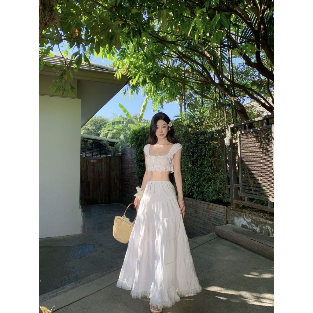(Có Mút Ngực) Set Áo Croptop Trễ Vai Đính Nơ Ngực Mix Chân Váy Xòe Viền Ren Phù Hợp Đi Biển, Du Lịch | BigBuy360 - bigbuy360.vn