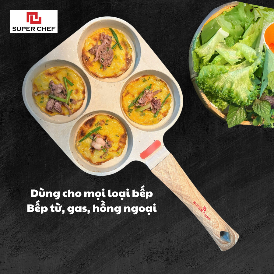Chảo chiên trứng/ làm bánh 4 ngăn Super Chef có cảm ứng nhiệt nấu được mọi loại bếp