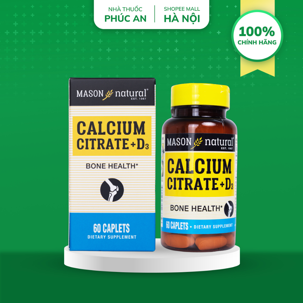 Viên uống bổ sung Canxi hữu cơ + Vitamin D3 Mason Natural Calcium Citrate + D3 Mỹ 60 viên