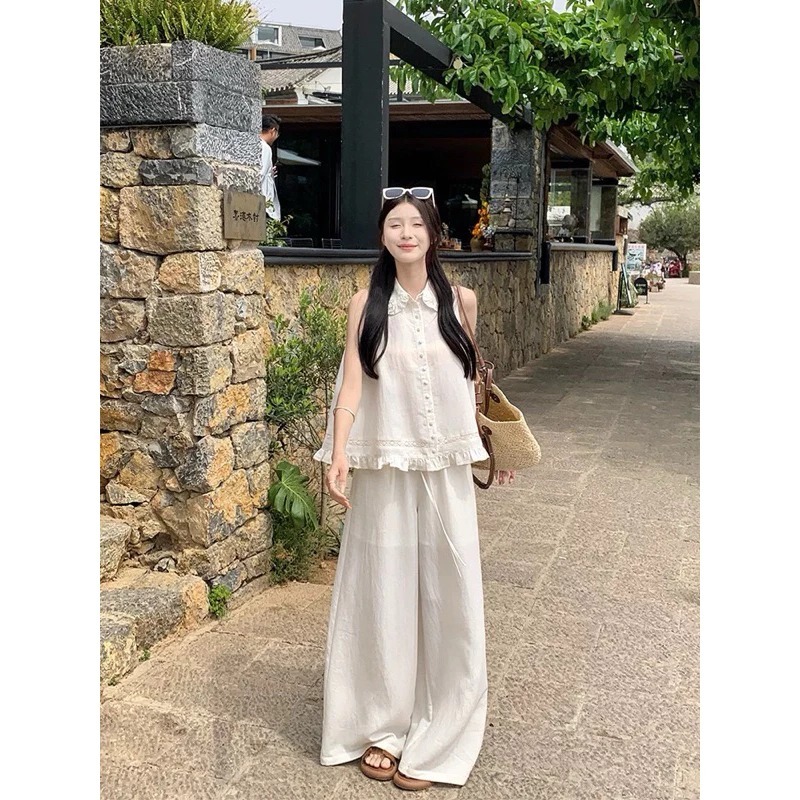 Set Áo Babydoll Trắng Tay Cộc Phối Quần Dài Ống Rộng Họa Tiết Ren Cho Các Nàng Đi Chơi Biển  Đi chơi