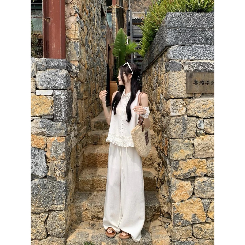 Set Áo Babydoll Trắng Tay Cộc Phối Quần Dài Ống Rộng Họa Tiết Ren Cho Các Nàng Đi Chơi Biển  Đi chơi | BigBuy360 - bigbuy360.vn