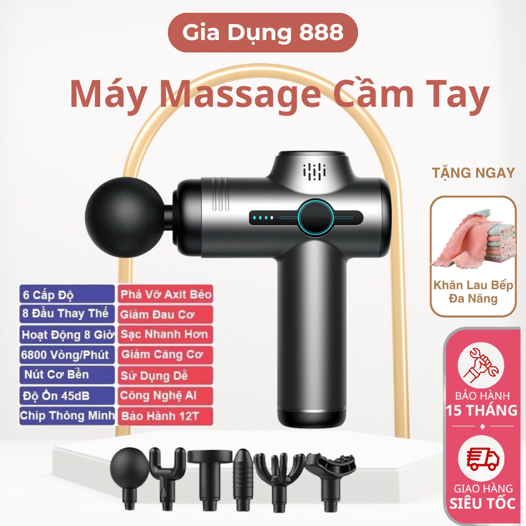 Máy Massage Cầm Tay Công Suất 18W, 6 Đầu, 6 Chế Độ Làm Giảm Đau Nhức Cổ Vai Gáy - Bảo Hành 12 Tháng