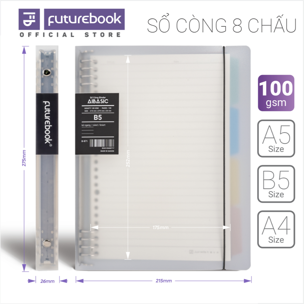 Sổ Còng Binder FUTUREBOOK Bìa sổ còng 8 chấu A4 B5 A5 120 trang 100gsm (TẶNG BÌA NHỰA AICOLOR))