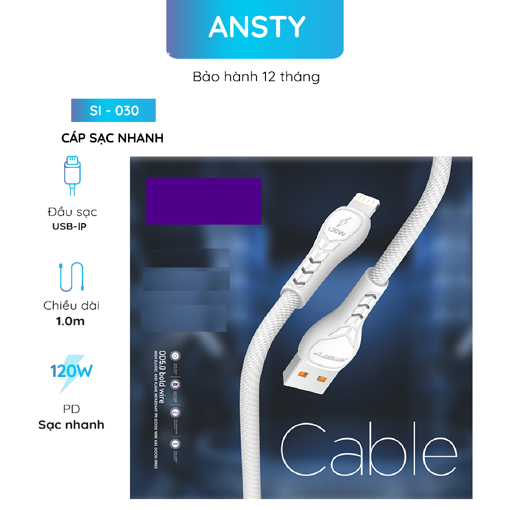 Cáp Sạc Nhanh ANSTY SI-30 USB To Cổng 8 Pin 120W ST-30 USB To Type C 120W SA-30 USB To Micro 120W
