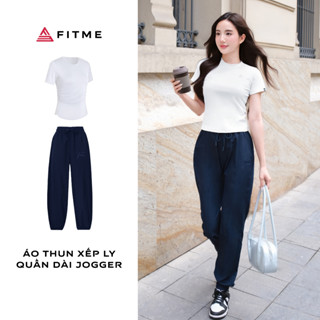 Bộ đồ thể thao nữ  Fitme áo thun Simple trắng, quần jogger thể thao ổng rộng hỗ trợ tập gym cầu lông, tennis