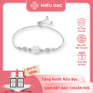  Lắc tay bạc nữ Miêu Bạc vòng tay cỏ bốn lá đá mắt mèo trắng thiết kế dây rút điều chỉnh chất liệu bạc S925 cao cấp MT01 