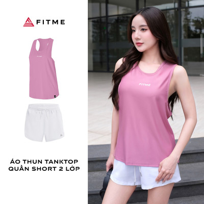 Bộ đồ thể thao nữ Fitme áo tanktop Hồng Đất, quần đùi 2 lớp hỗ trợ tập gym, pickleball, cầu lông, tennis