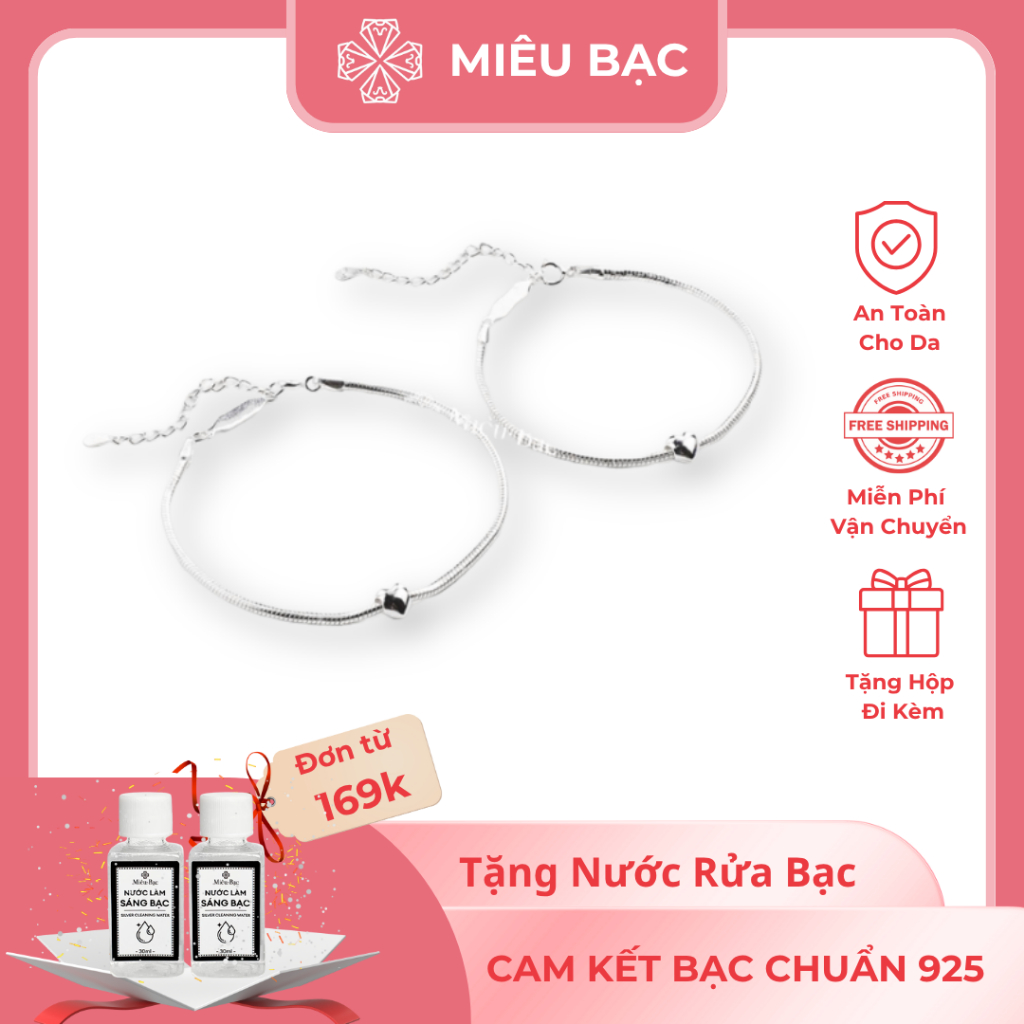  Lắc tay đôi nam nữ MIÊU BẠC vòng tay couple khắc tên theo yêu cầu mix mặt trái tim dây mì trơn chất liệu s925 MT35 