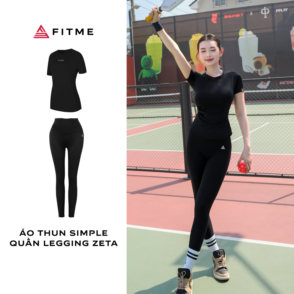 Bộ đồ tập gym nữ Fitme áo thể thao xếp ly Đen quần legging dài Đen form body cao cấp