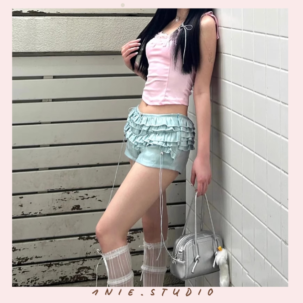 𝟏𝐍𝐈𝐄.𝐒𝐓𝐔𝐃𝐈𝐎 | Quần short ren nhiều lớp màu xanh mint thiết kế dây rút, quần short hot girl, quần đùi ngắn nhiều tầng | BigBuy360 - bigbuy360.vn