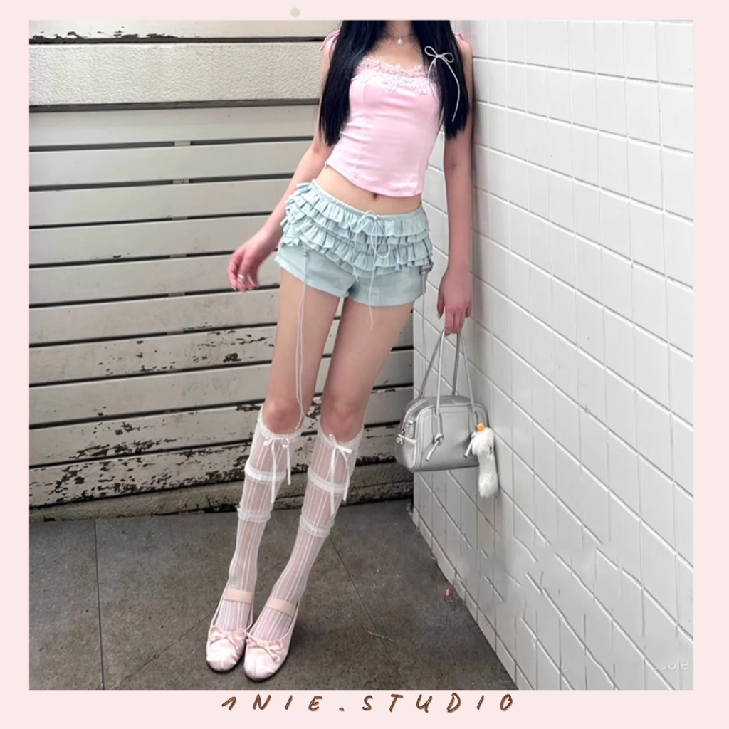 𝟏𝐍𝐈𝐄.𝐒𝐓𝐔𝐃𝐈𝐎 | Quần short ren nhiều lớp màu xanh mint thiết kế dây rút, quần short hot girl, quần đùi ngắn nhiều tầng
