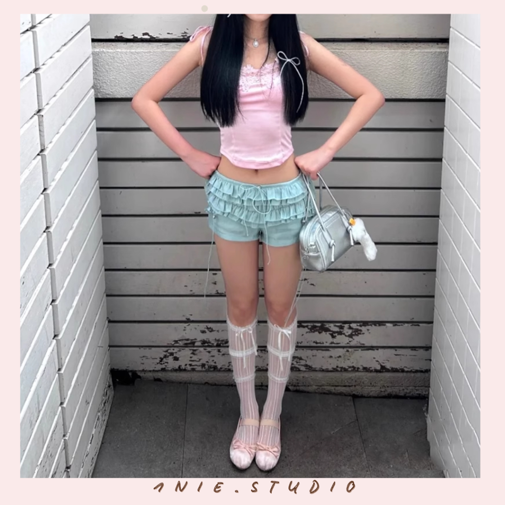 𝟏𝐍𝐈𝐄.𝐒𝐓𝐔𝐃𝐈𝐎 | Quần short ren nhiều lớp màu xanh mint thiết kế dây rút, quần short hot girl, quần đùi ngắn nhiều tầng | BigBuy360 - bigbuy360.vn