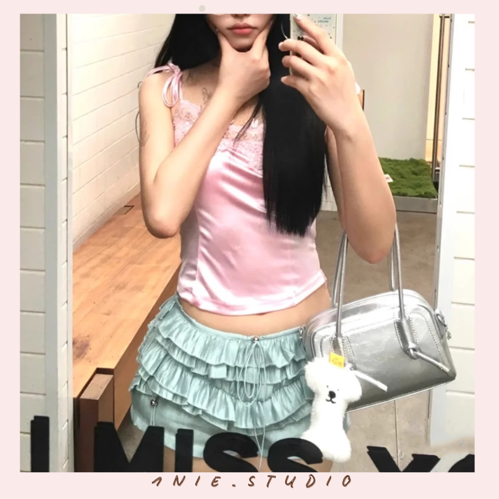 𝟏𝐍𝐈𝐄.𝐒𝐓𝐔𝐃𝐈𝐎 | Quần short ren nhiều lớp màu xanh mint thiết kế dây rút, quần short hot girl, quần đùi ngắn nhiều tầng | BigBuy360 - bigbuy360.vn