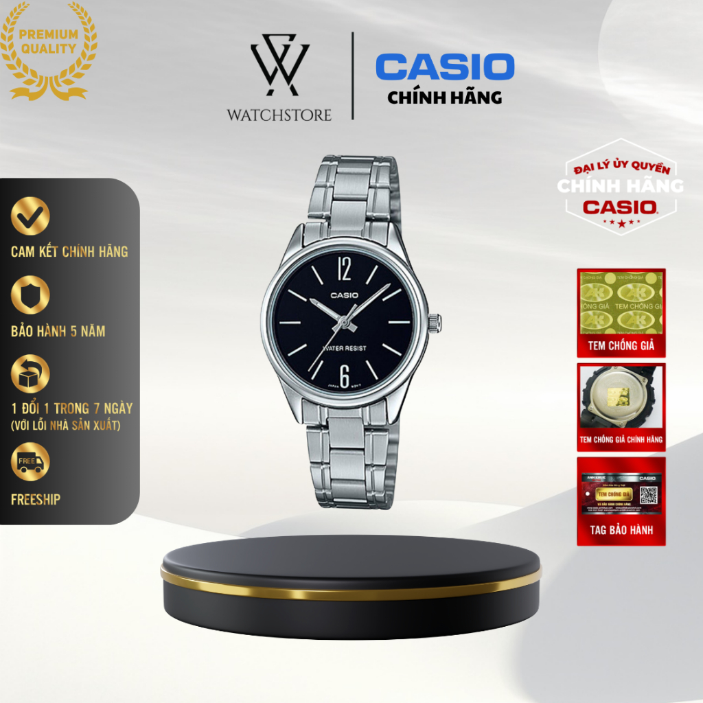 Đồng Hồ Casio Nữ LTP-V005D-1BUDF Màu Đen Dạ Quang Dây Kim Loại Không Gỉ Mặt Kính Khoáng 28.2mm Chống