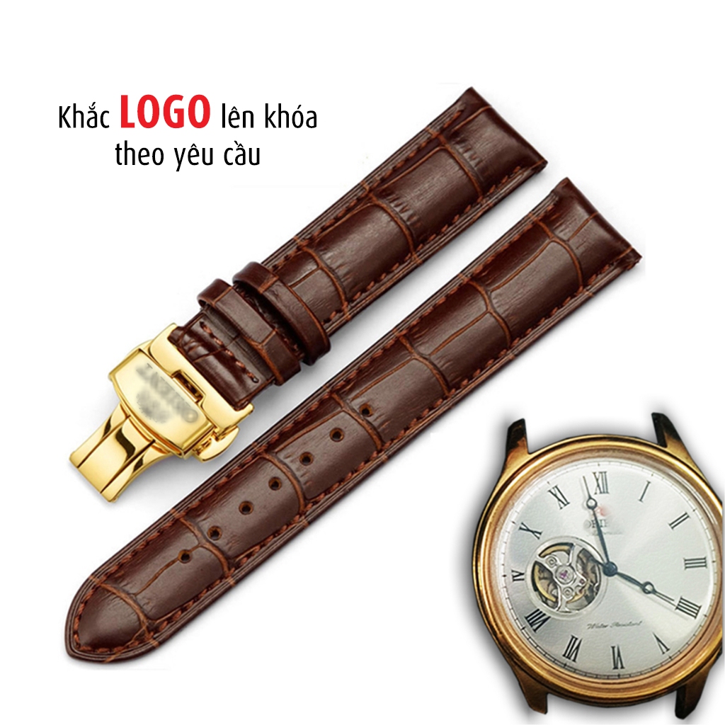 Dây đeo da bò dập vân cá sấu, size 20mm 21mm 22mm khoá bướm cho đồng hồ orient, tặng phụ kiện, D1701