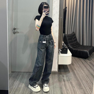  Quần bò nữ ELWYN quần bò nữ ống suông trơn 2 túi trước tôn dáng cạp cao màu xanh đen size S M L 78 