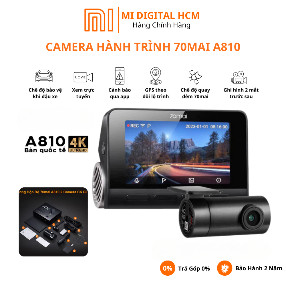 Camera hành trình 70mai A810 4K Quốc Tế Chính Hãng, Cảnh báo va chạm, Lệch làn, GPS, Báo tốc độ, Hỗ 