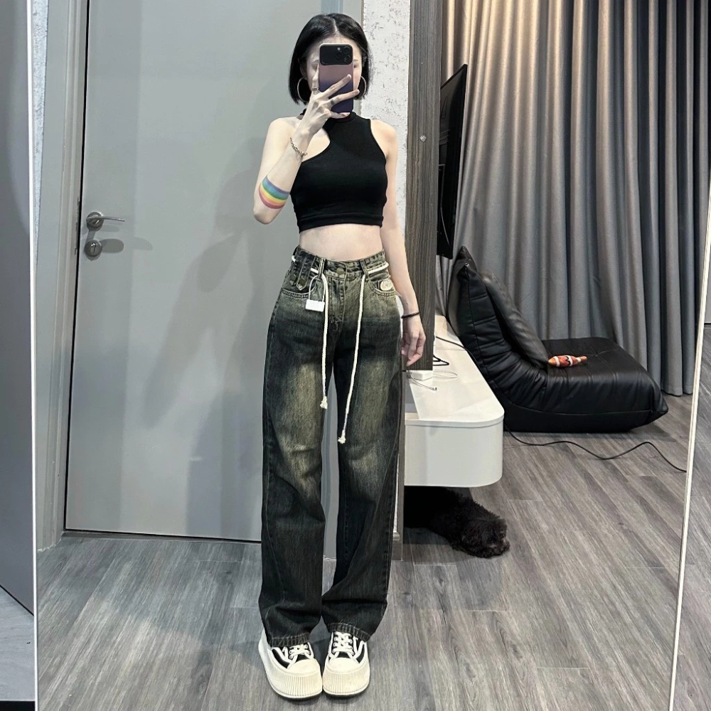 Quần bò suông  GENJEAN quần bò suông nữ cạp cao màu đen ánh rêu tôn dáng trơn size S M L 510