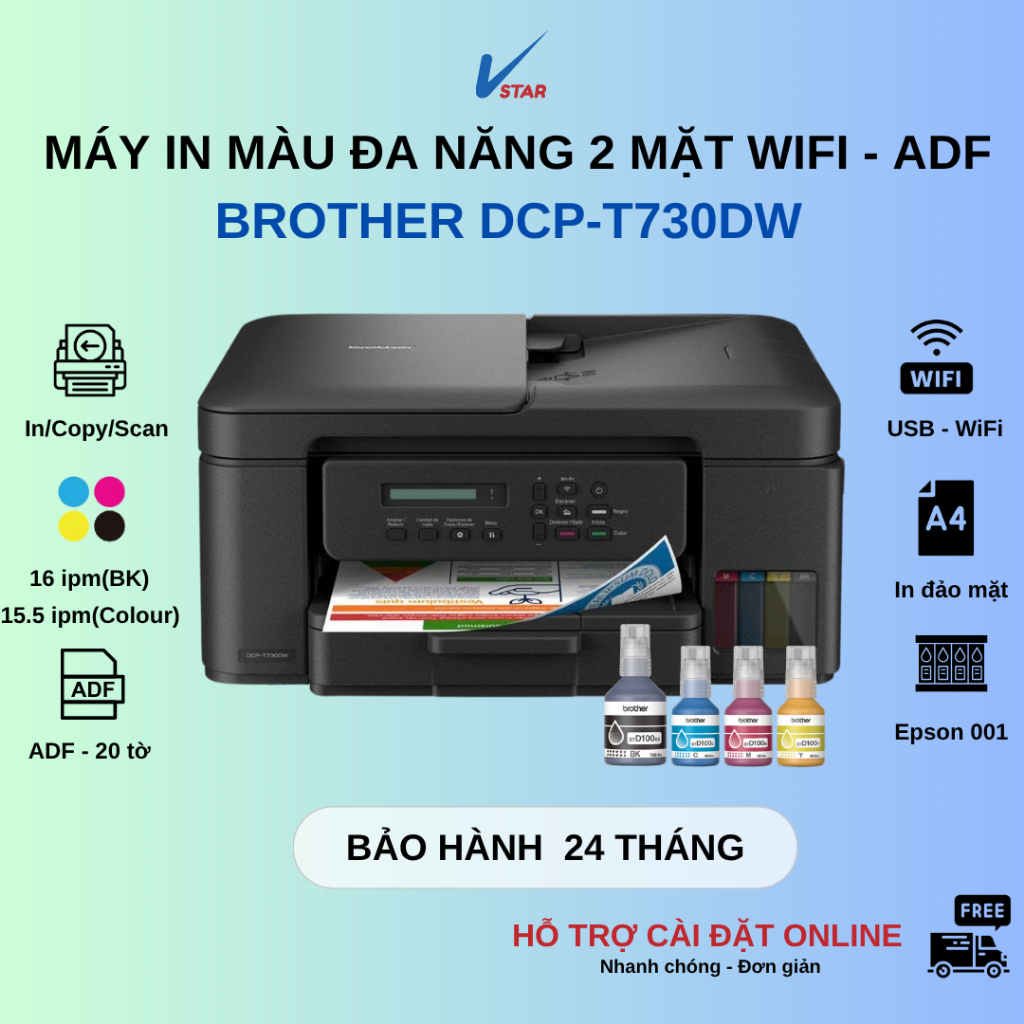 Máy in phun màu đa năng Brother DCP-T730DW - In 2 mặt, copy, scan - IN WIFI cho gia đình, văn phòng