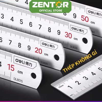 Thước Kẻ Thép Deli ZenTor- Kích Thước 15cm - 30cm - Nhỏ Gọn - Chất Liệu Chống Mòn Gỉ