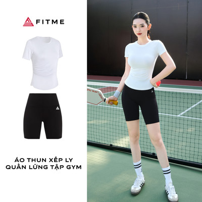 Bộ đồ tập gym Fitme Simple thể thao nữ áo thun xếp ly Trắng , quần legging lửng Đen nâng mông cao cấp