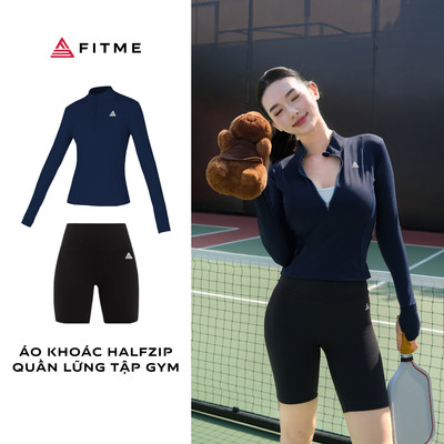 Bộ đồ tập gym yoga Fitme Cover23 halfzip Blazer Navy dài tay, quần legging lửng Đen ôm body tôn dáng