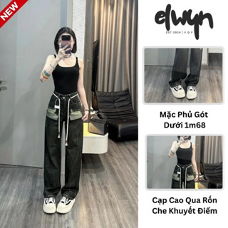 Quần jean nữ ống suông hàng quảng châu ELWYN quần bò suông túi trước cạp cao trơn màu đen ánh rêu size S M L 368