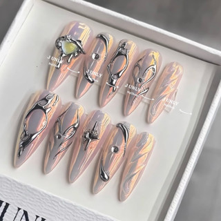 Nailbox Thiết Kế Móng Tay Giả Tráng Gương Cực Quang Hồng Y2K Đính Đá 211